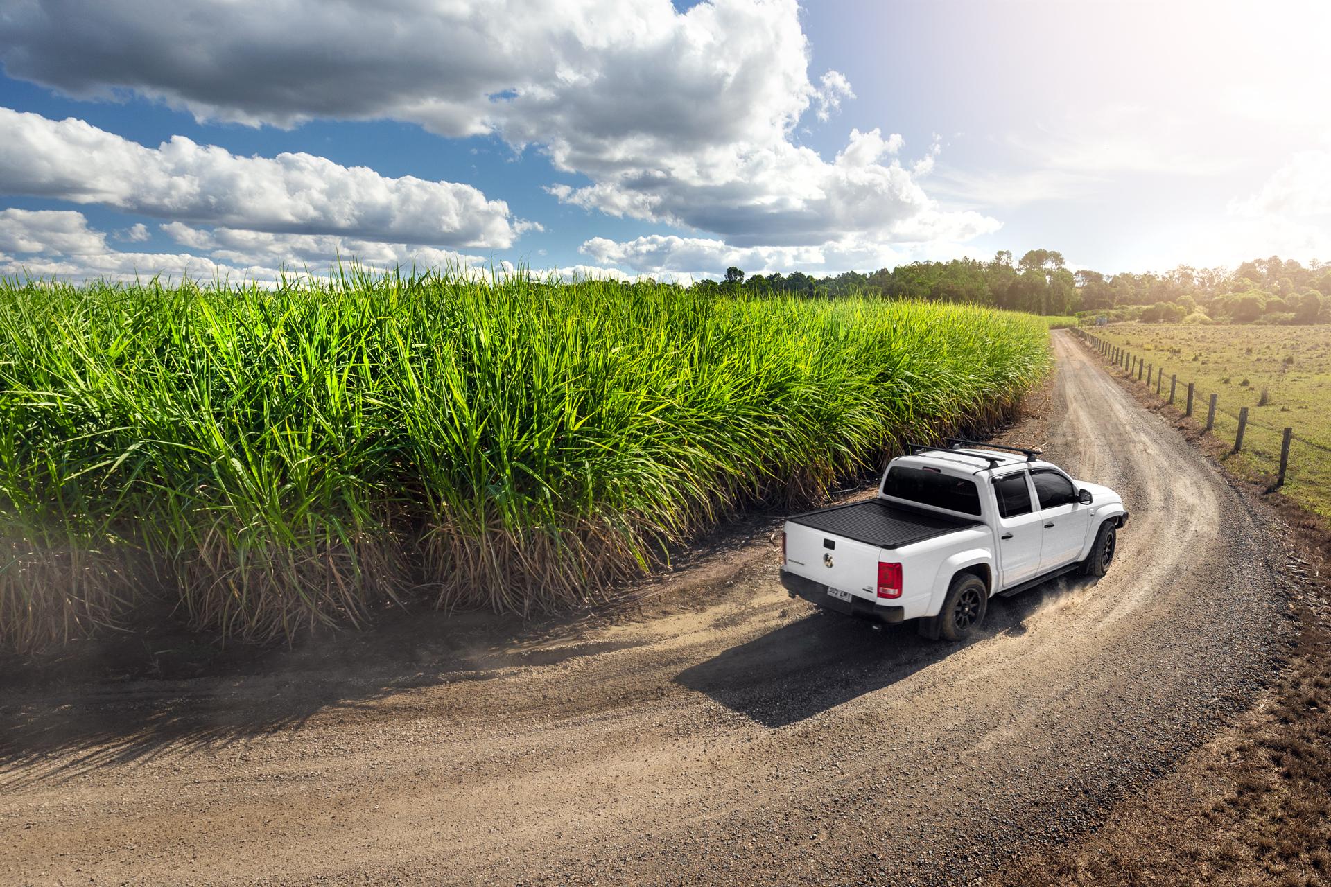 ute driving next to sugar cane