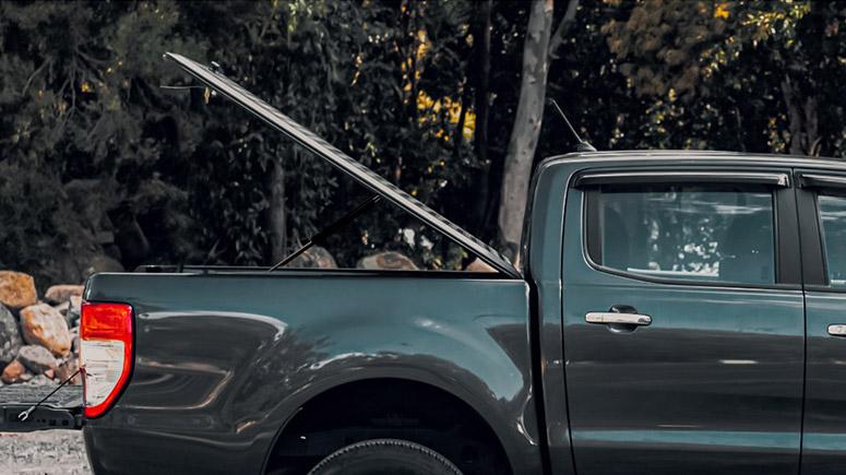 gray black ute with egr load shield open