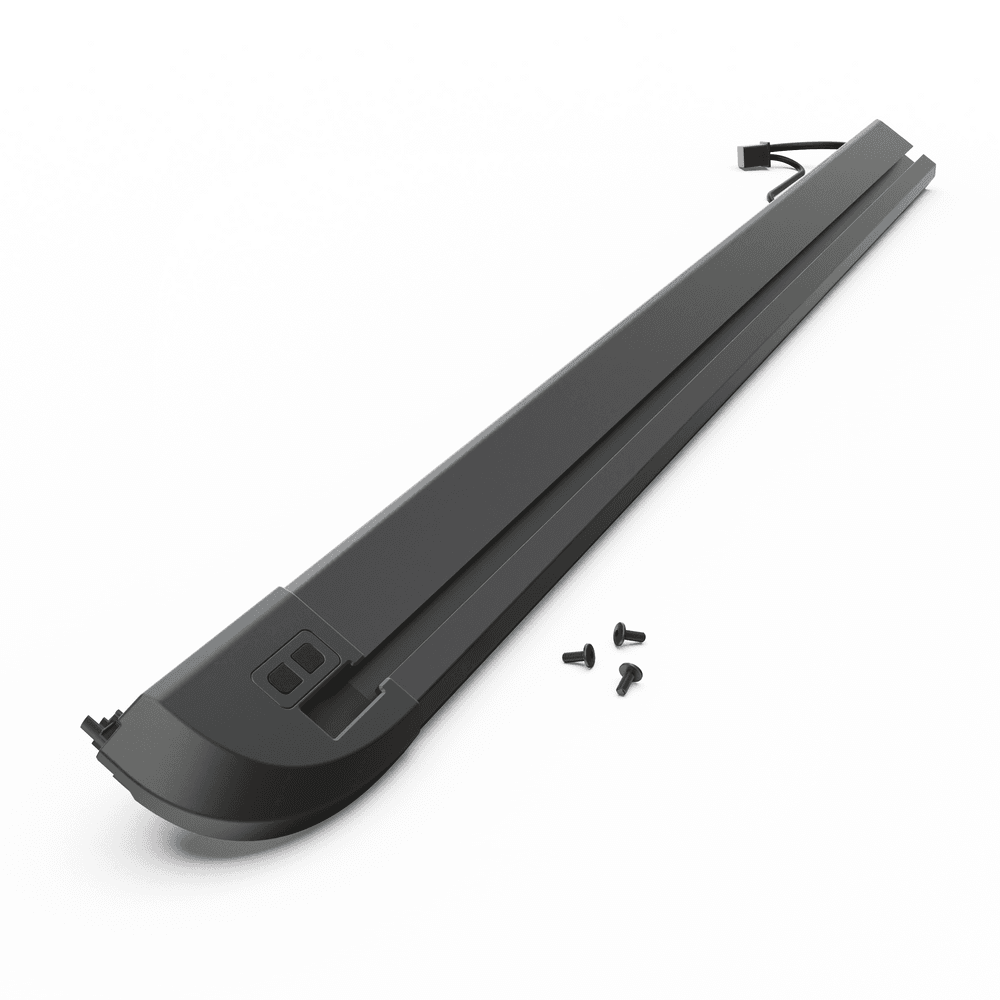 Volkswagen Amarok electric RollTrac right-hand side rail replacement with integrated buttons, wiring loom, and corner cap shown in line diagram