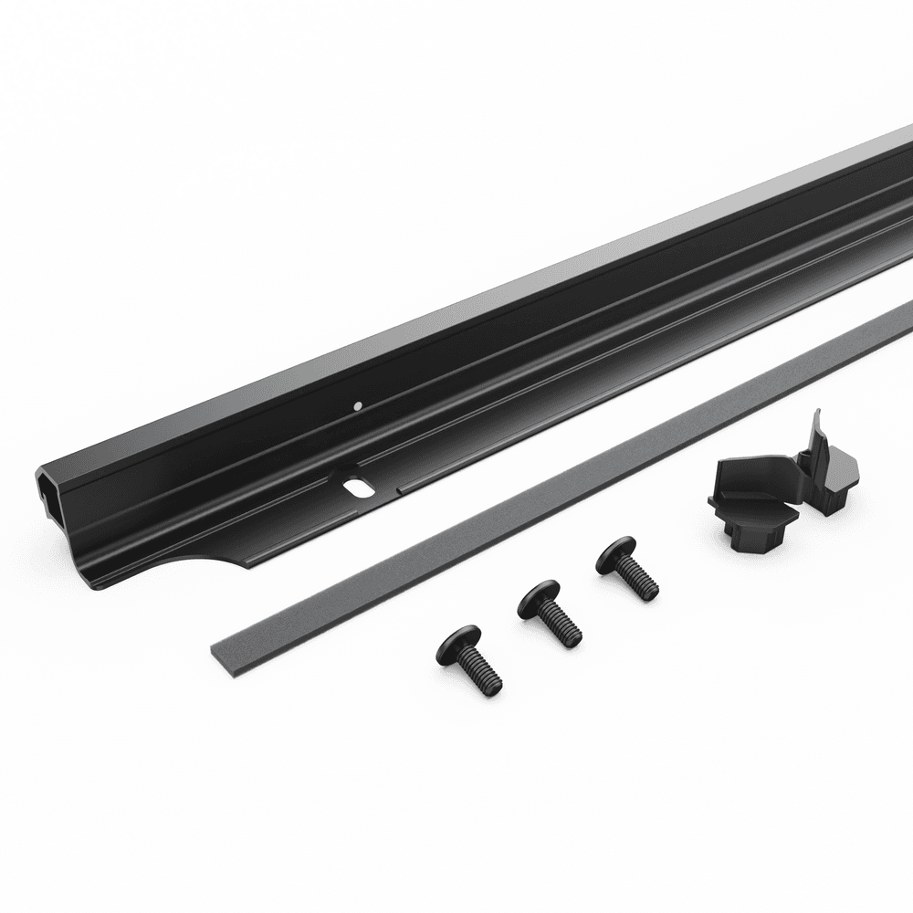 Genuine EGR tailgate rail replacement kit for Volkswagen Amarok 2010 RollTrac, showing rail extrusion, left and right end caps, fasteners, and foam tape for secure installation