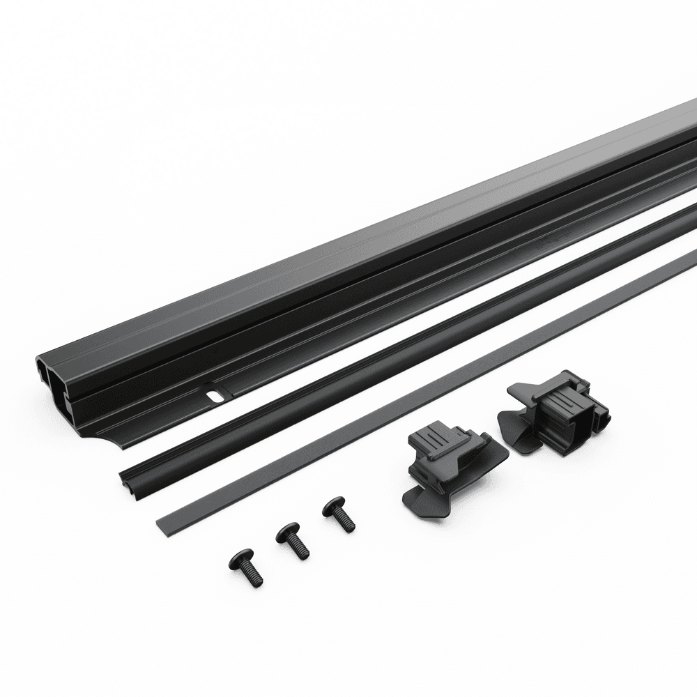 Genuine EGR tailgate rail replacement kit for Mitsubishi Triton MQ and MR RollTrac, showing tailgate rail extrusion, left and right end caps, fasteners, and foam tape for secure fitment