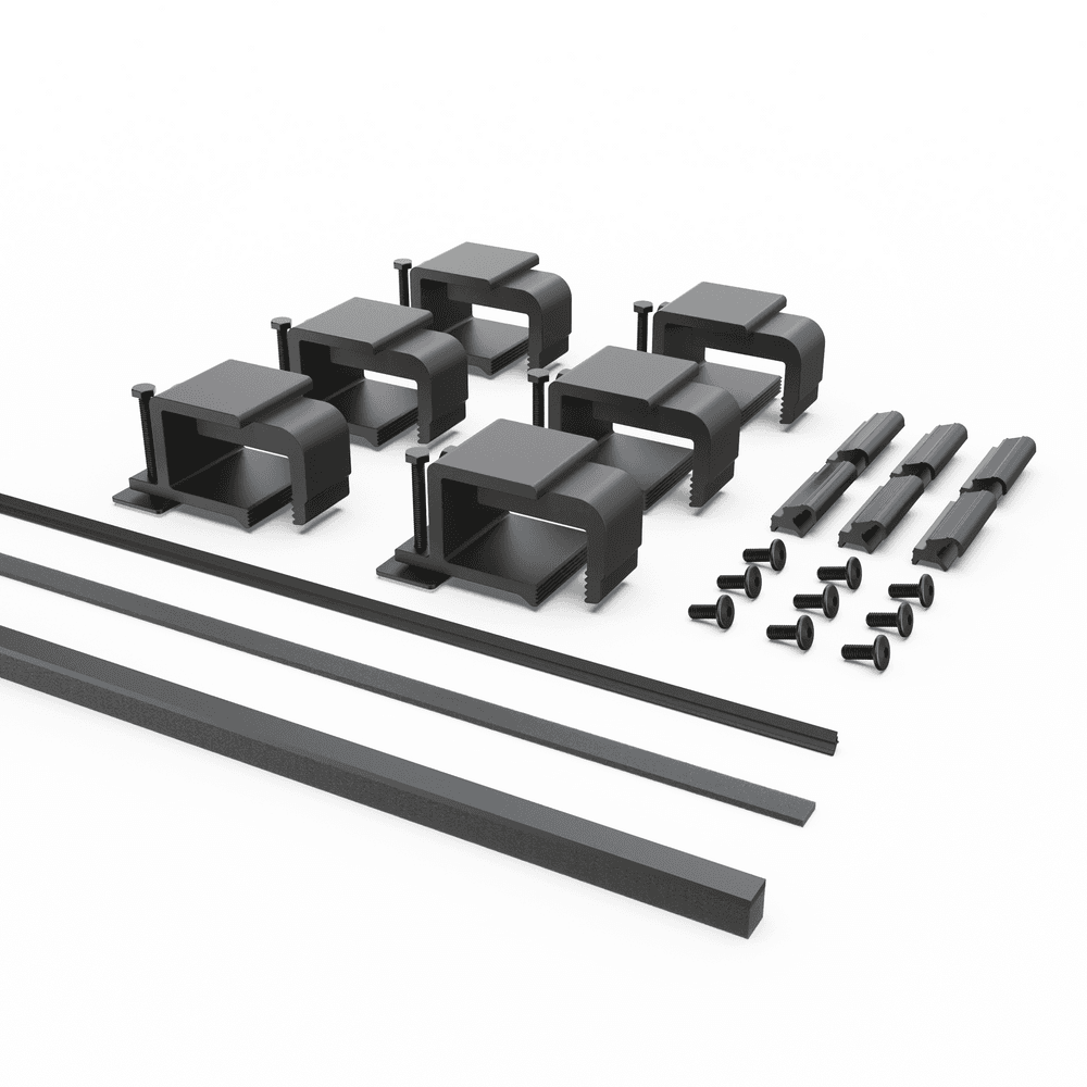 Genuine EGR RollTrac re-fit kit for Mitsubishi Triton MQ and MR 2015-onwards, showing clamps, foam tape, fasteners, and rubber perimeter seal for secure reinstallation thumbnail