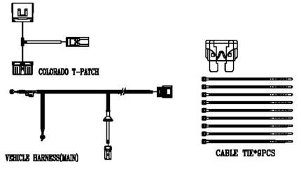 Genuine EGR vehicle loom kit for Holden Colorado RG 2012–2020 RollTrac, showing main wiring harness, T-patch connector, control module, and cable ties for electric installation