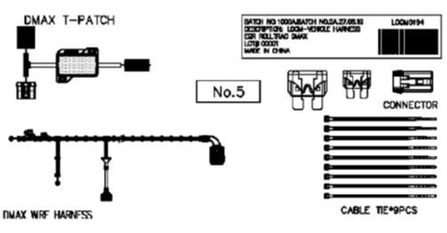 Genuine EGR vehicle loom kit for Isuzu D-Max 2012–2019 RollTrac, showing wiring harness, T-patch connector, control connector, and cable ties for electric installation