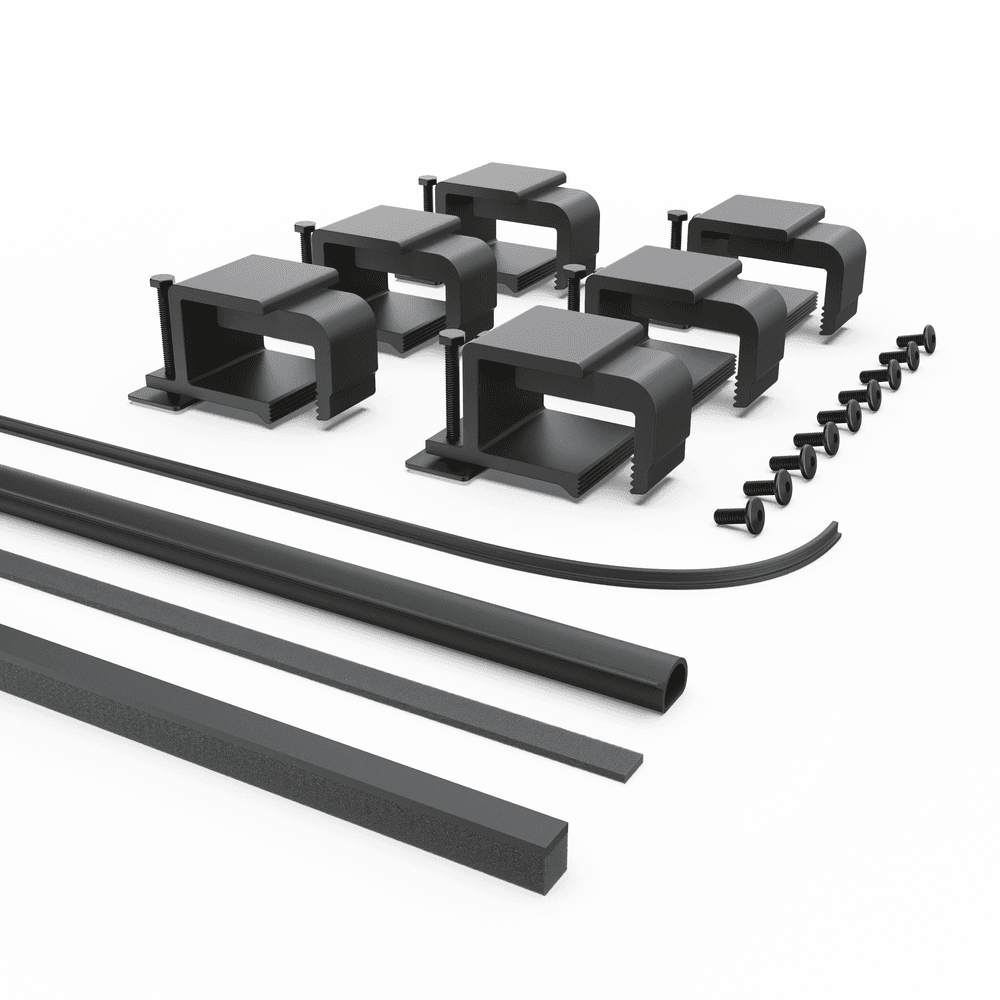 Genuine EGR RollTrac re-fit kit, showing clamps, foam tape, rubber perimeter seal, and mounting fasteners for secure reinstallation of RollTrac systems