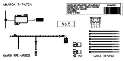 Genuine EGR vehicle loom kit for Volkswagen Amarok 2017–2023 RollTrac, showing wiring harness, T-patch connector, fuses, control connectors, and cable ties for electric installation