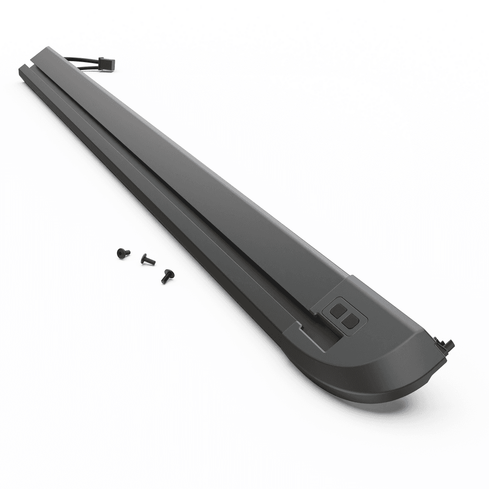 EGR RollTrac left-hand electric side rail for Nissan Navara 2015 with corner cap, integrated buttons and mounting points.