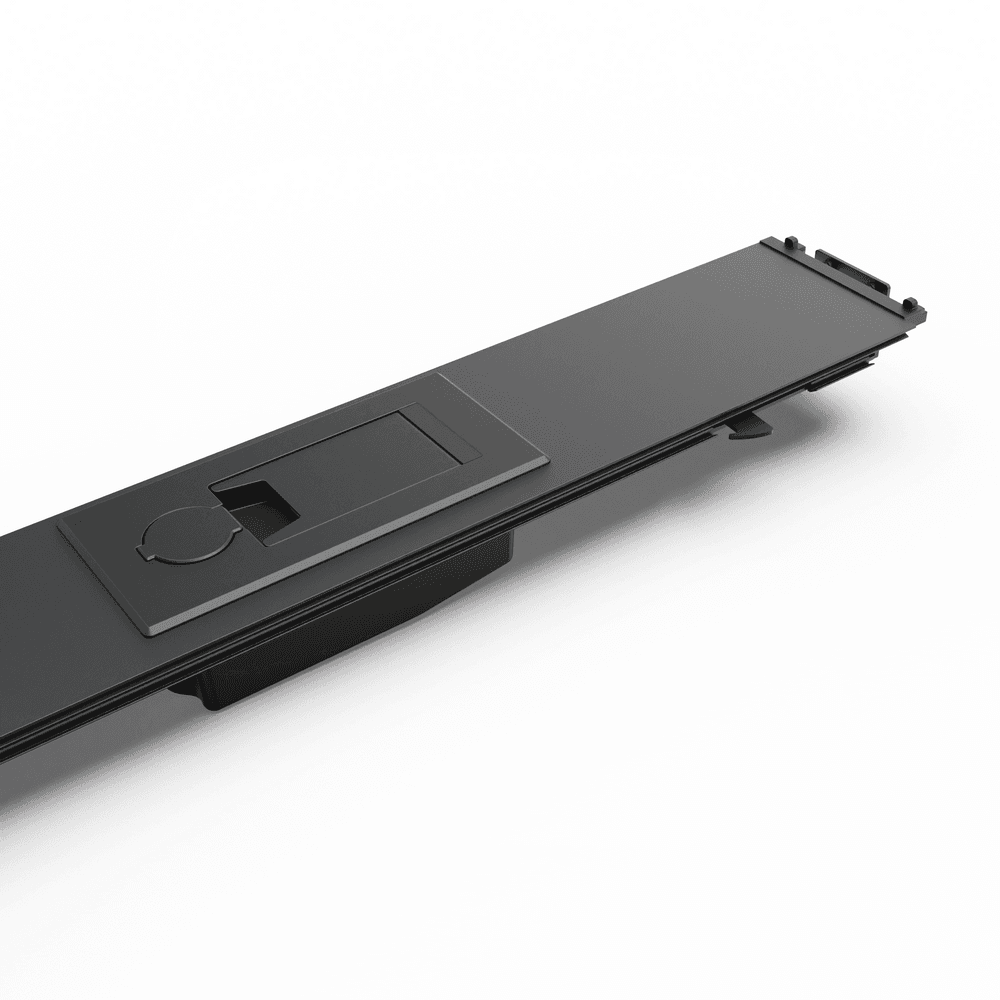 Close-up of EGR RollTrac manual handrail showing aluminium rail channel and locking mechanism for RollTrac cover system.
