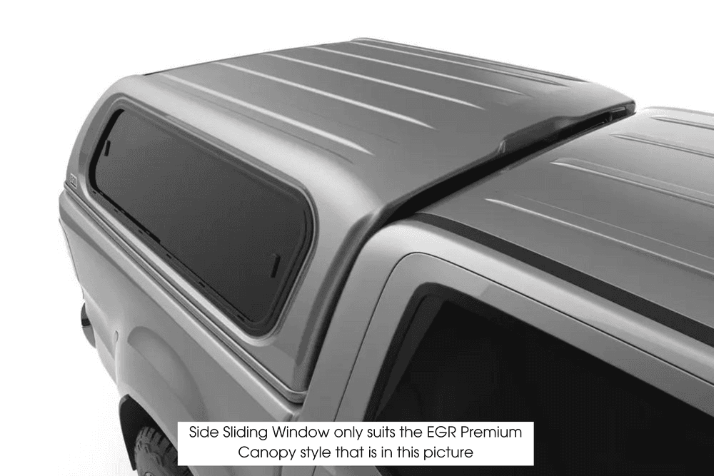 EGR Premium Canopy driver side sliding window installed on canopy, showing tinted glass sliding window for ventilation and convenient canopy access