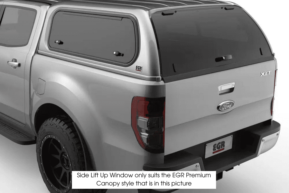 EGR Premium Canopy passenger side lift-up window installed on canopy, showing tinted lift-up glass window for easy access and ventilation