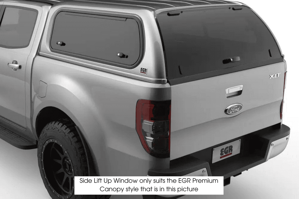EGR Premium Canopy driver side lift-up window installed on canopy, showing tinted lift-up glass window for easy access and ventilation