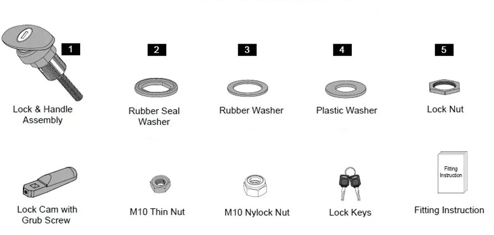 EGR Premium Canopy lift window T-handle lock kit, showing lock and handle assembly, washers, lock nut, cam screw, keys, and fitting components for secure lift-up window locking