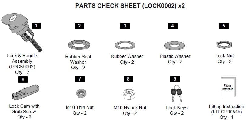 EGR Premium Canopy T-handle lock parts check sheet, showing lock and handle assembly, washers, lock nuts, cam screw, keys, and fitting instructions
