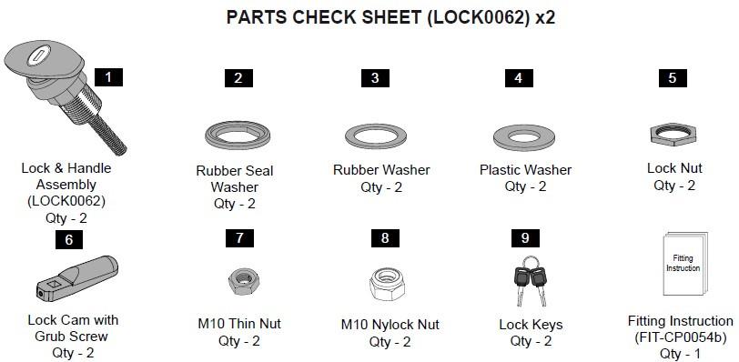 EGR Premium Canopy T-handle lock parts check sheet, showing lock and handle assembly, washers, lock nuts, cam screw, keys, and fitting instructions