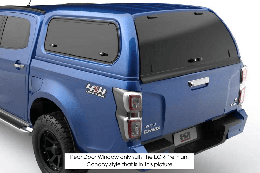 EGR Premium Canopy replacement rear door with tinted rear window installed on canopy, showing level 2 rear door design with vertical black door catches
