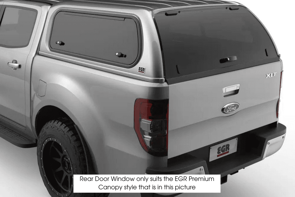 EGR Premium Canopy full rear door upgrade kit, showing replacement rear door with tinted window fitted to canopy and level 2 vertical door catch design