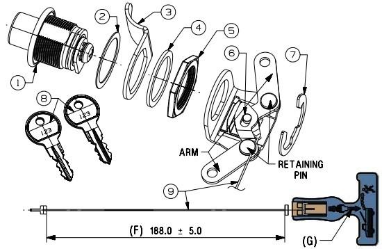EGR replacement centre push button key lock assembly, showing lock barrel components, keys, retaining pin, and installation diagram for canopy and tailgate locking systems