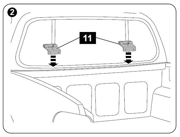 EGR hard lid replacement hinge kit for Mitsubishi Triton MN 2010–2015, showing hinge mounting points and internal rear window hinge position inside the vehicle tub
