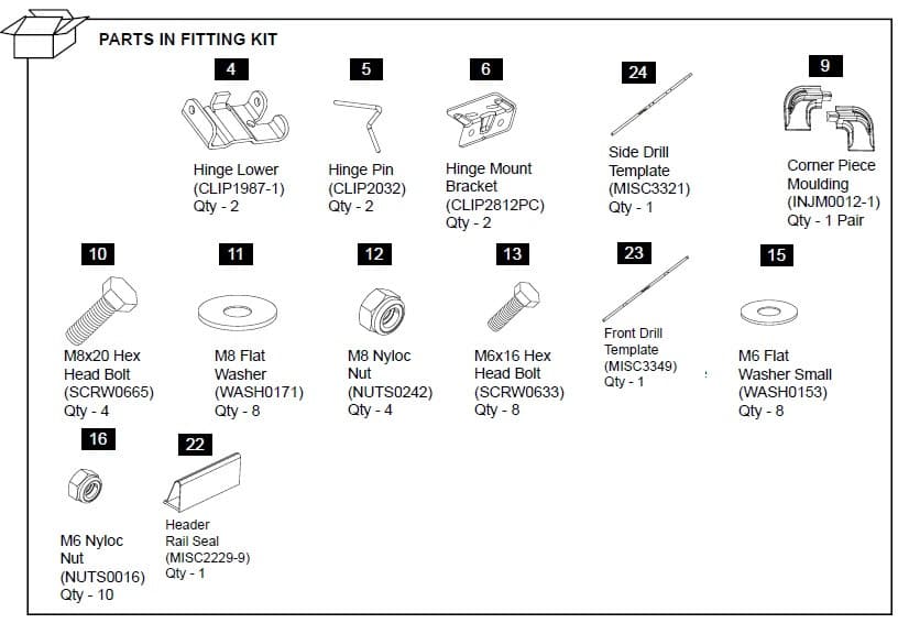 EGR hard lid replacement vehicle hinge kit for Volkswagen Amarok 2010, showing complete hinge components, mounting brackets, bolts, washers, and fitting hardware