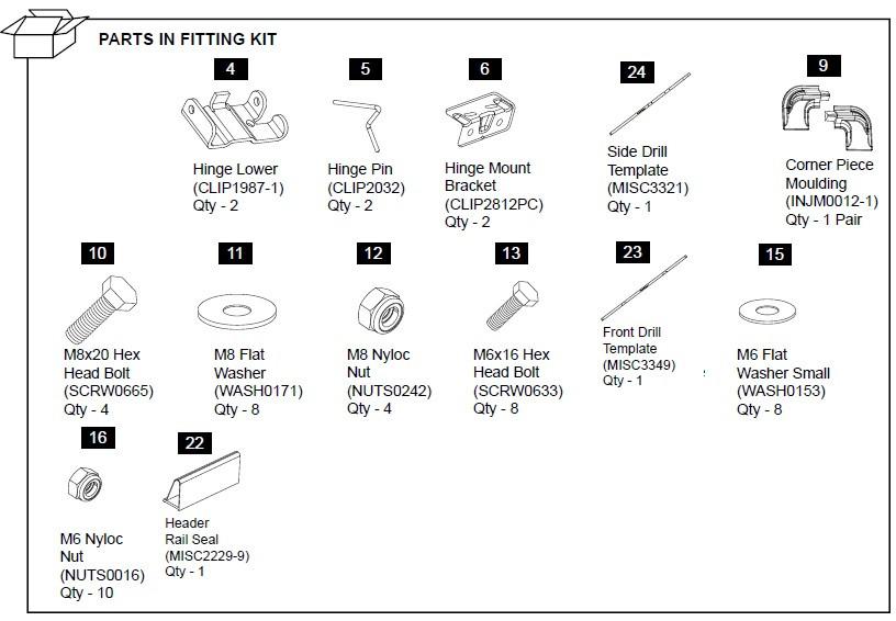 EGR hard lid replacement vehicle hinge kit for Volkswagen Amarok 2010, showing complete hinge components, mounting brackets, bolts, washers, and fitting hardware