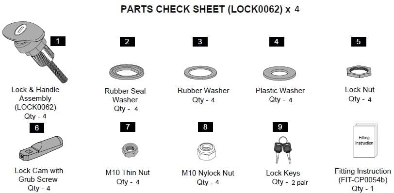 EGR Premium Canopy T-handle lock parts check sheet, showing lock and handle assemblies, rubber and plastic washers, lock nuts, keys, and installation components