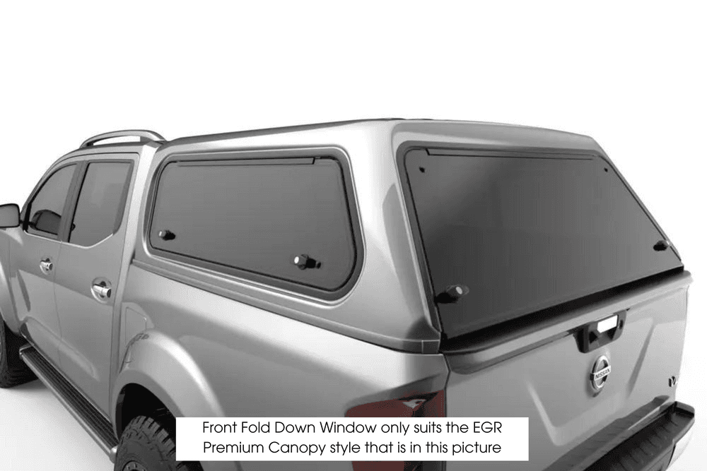 EGR Canopy front drop down window fitted to silver canopy, showing rear glass panel and clean factory-style finish