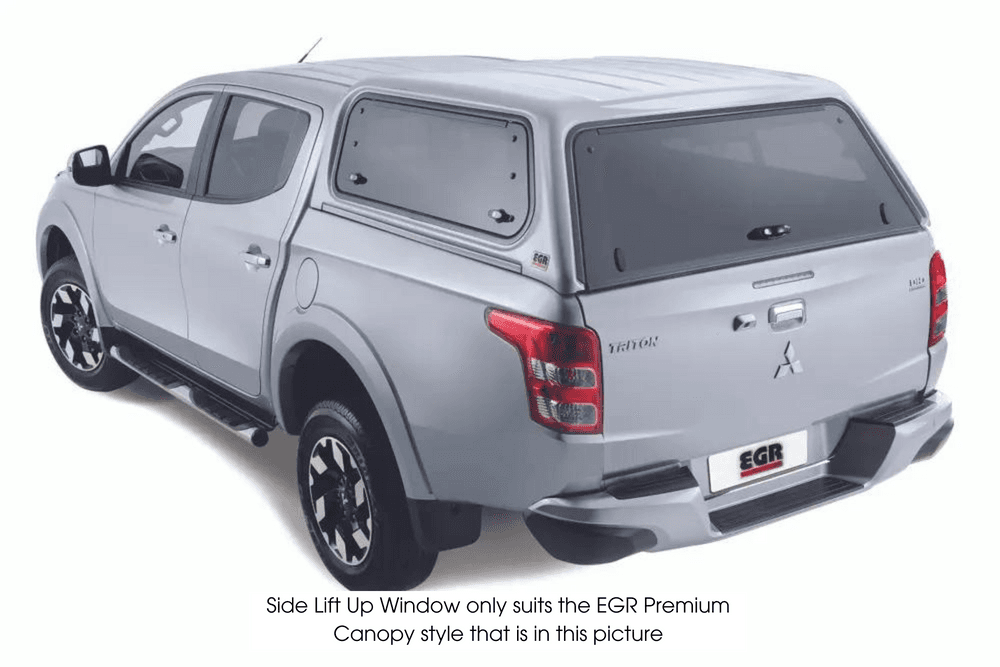 Rear side view of silver ute with EGR canopy driver side lift up window installed
