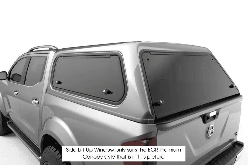 Open driver side lift up window on silver EGR Premium Canopy