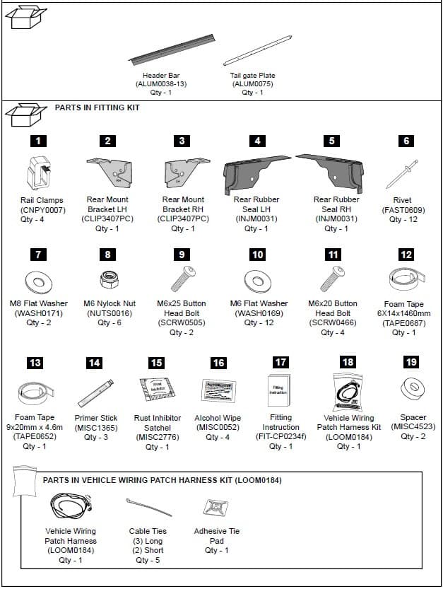 EGR canopy hardware fitting kit for Mitsubishi Triton MQ and MR 2015, showing brackets, rail clamps, rubber seals, bolts, fasteners, wiring patch harness, and installation components for secure canopy fitment