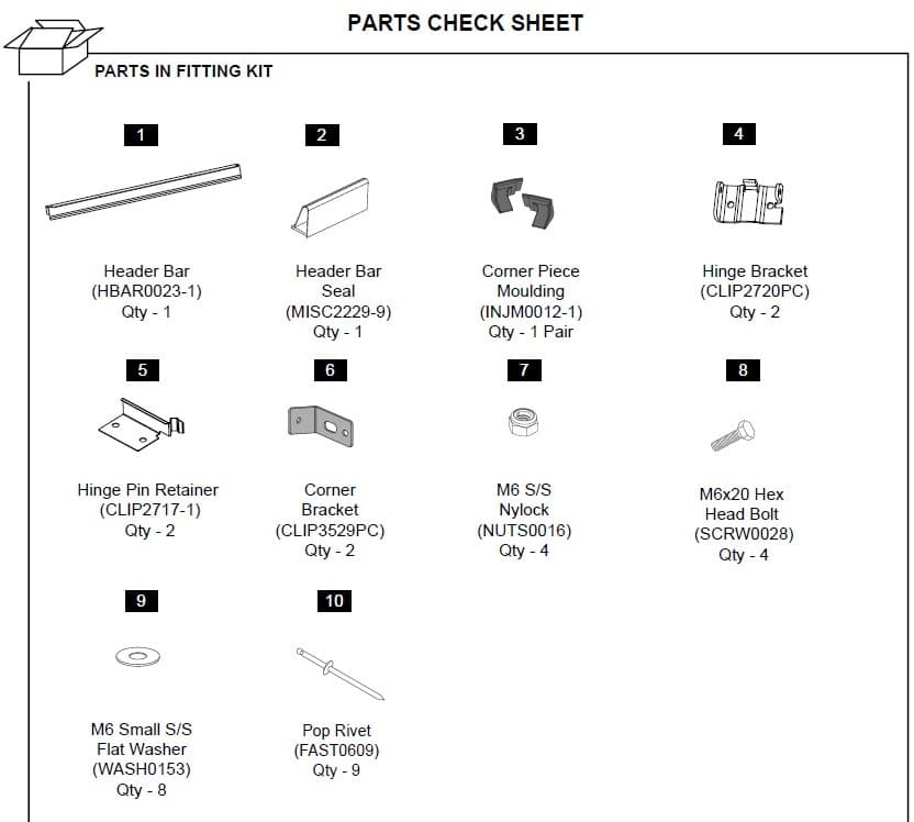 EGR hard lid vehicle header rail hinge kit for Mitsubishi Triton 1P 2015-onwards, showing header bar, hinge brackets, seals, bolts, washers, and fitting hardware for secure canopy alignment