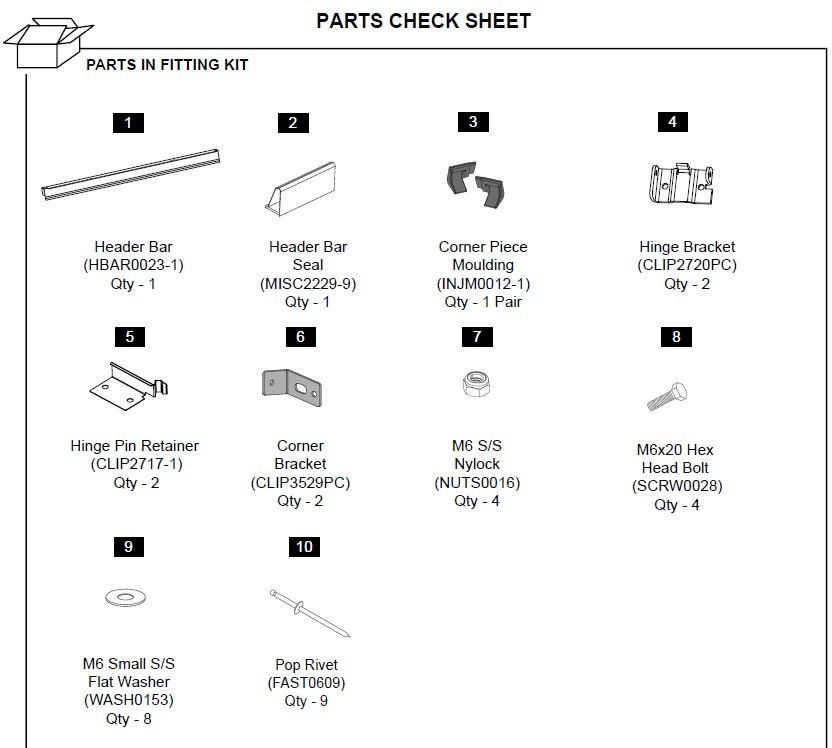 EGR hard lid vehicle header rail hinge kit for Mitsubishi Triton 1P 2015-onwards, showing header bar, hinge brackets, seals, bolts, washers, and fitting hardware for secure canopy alignment