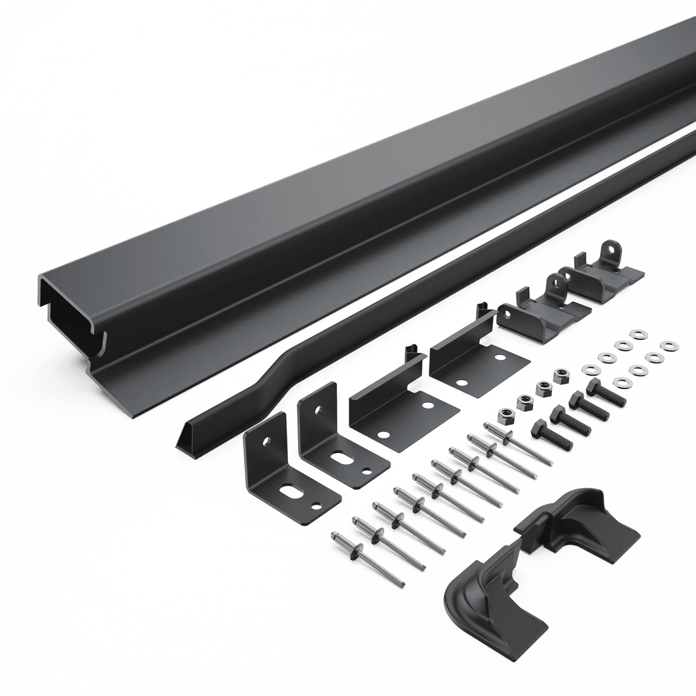 EGR hard lid vehicle header rail hinge kit for Mitsubishi Triton 1P 2015-onwards, showing header bar, hinge brackets, seals, bolts, washers, and fitting hardware for secure canopy alignment