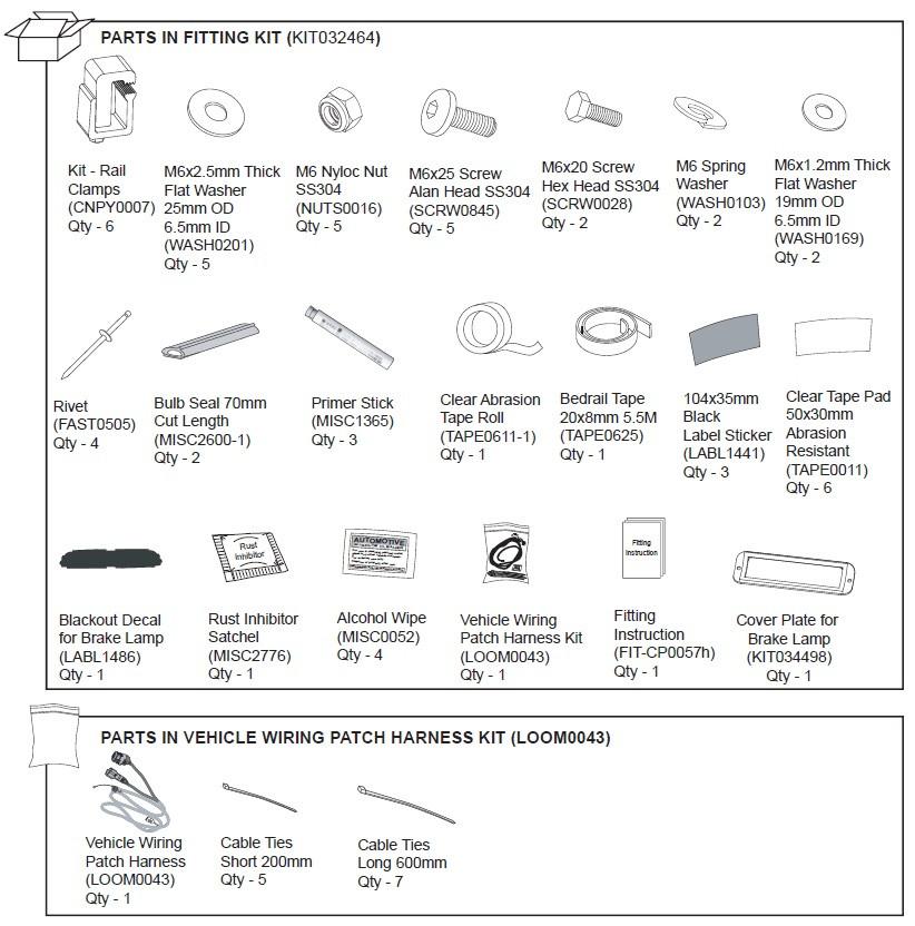 EGR hard lid canopy hardware fitting kit for Ford Ranger PX 2011–2022, showing brackets, bolts, washers, seals, clamps, wiring patch harness, and installation components for secure canopy fitment
