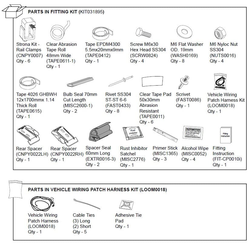EGR canopy hardware fitting kit for Mitsubishi Triton MN 2010–2014, showing rail clamps, seals, bolts, washers, rivets, wiring patch harness, and installation components for secure canopy fitment