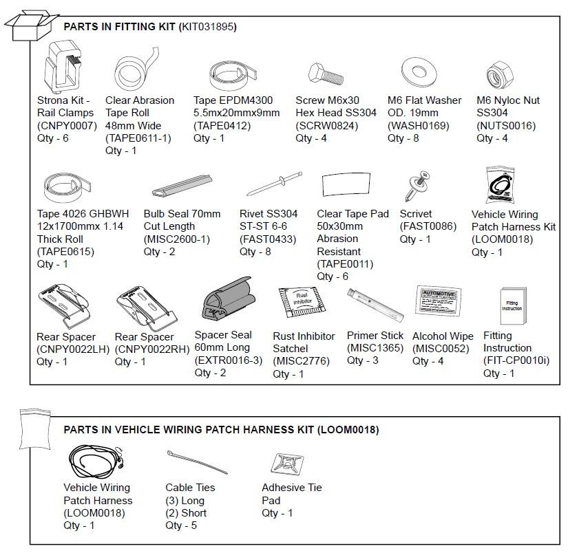 EGR canopy hardware fitting kit for Mitsubishi Triton MN 2010–2014, showing rail clamps, seals, bolts, washers, rivets, wiring patch harness, and installation components for secure canopy fitment