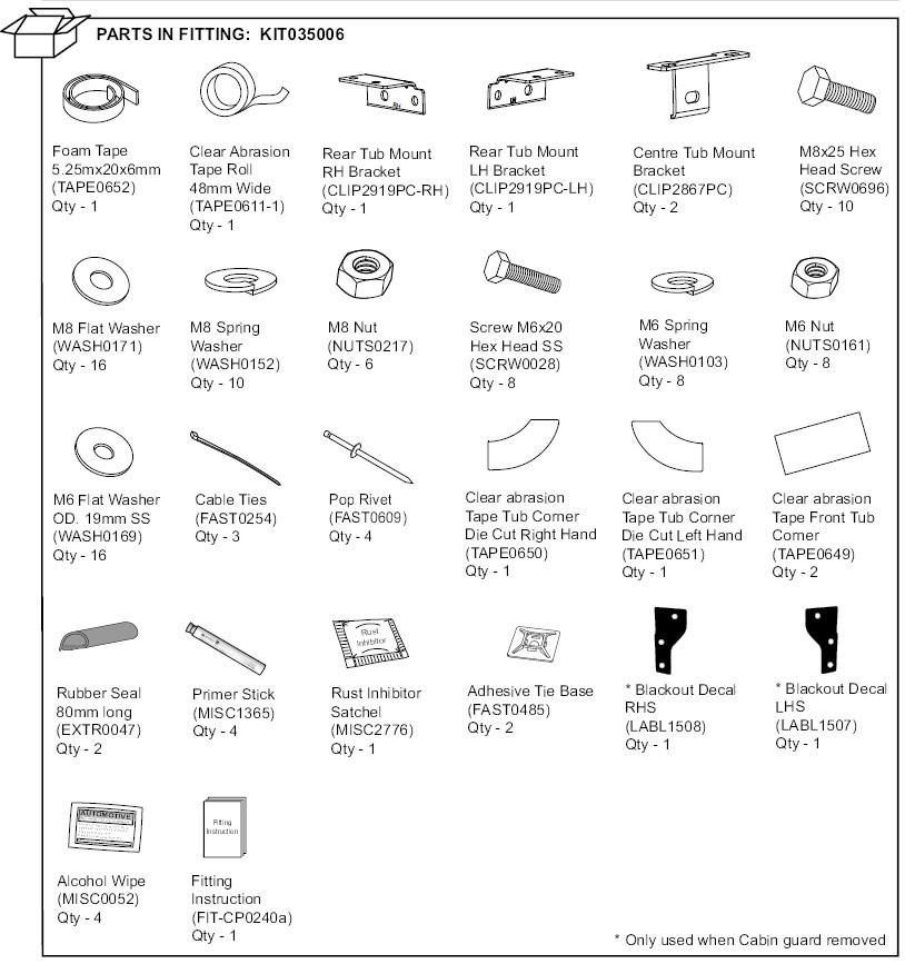 EGR premium canopy hardware fitting kit for Isuzu D-Max 2016–2019, displaying mounting brackets, bolts, washers, seals, rivets, and installation components