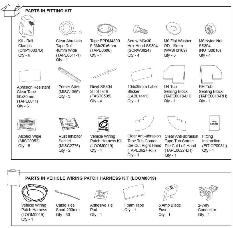 EGR premium canopy hardware fitting kit for VW Amarok 2010–2016, showing brackets, clamps, bolts, washers, seals, wiring patch harness, and installation components