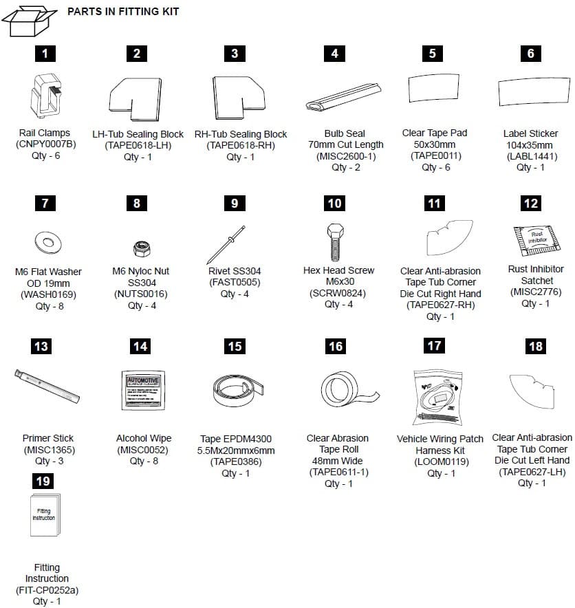 EGR premium canopy hardware fitting kit for VW Amarok 2017–2023, showing rail clamps, sealing blocks, bolts, washers, seals, wiring patch harness, labels, and installation components
