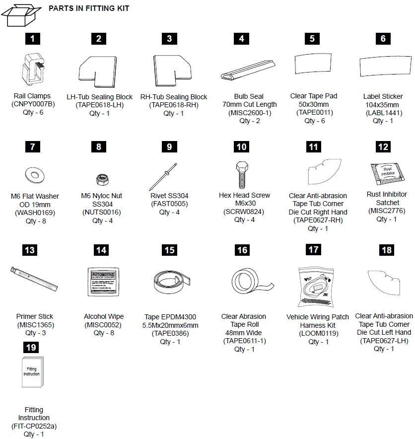 EGR premium canopy hardware fitting kit for VW Amarok 2017–2023, showing rail clamps, sealing blocks, bolts, washers, seals, wiring patch harness, labels, and installation components