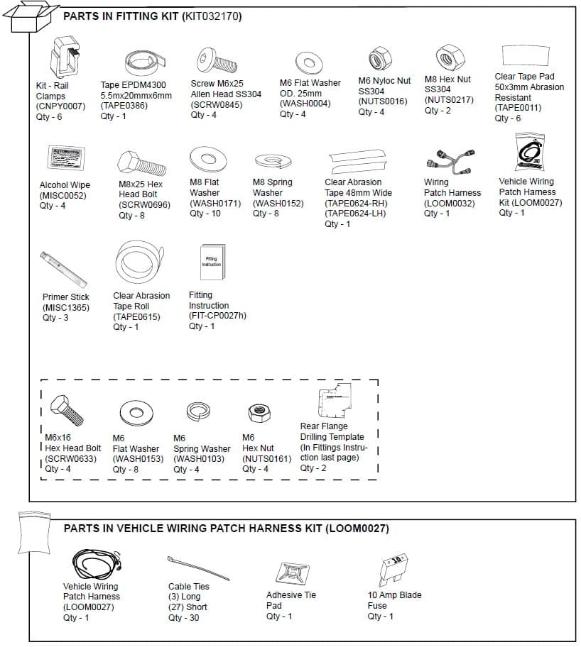 EGR premium canopy hardware fitting kit for Nissan Navara D40 2005–2015, showing rail clamps, bolts, washers, seals, abrasion tape, wiring patch harness, and installation components
