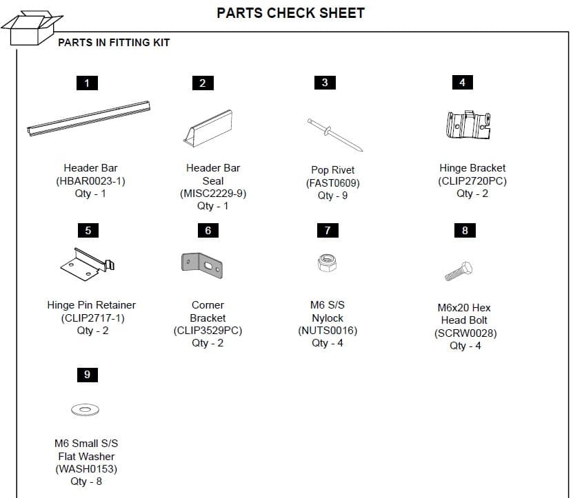 EGR header rail hinge kit parts layout for Mitsubishi Triton MQ/MR 3P 2015, showing header bar, hinge brackets, pop rivets, bolts, washers, and mounting hardware
