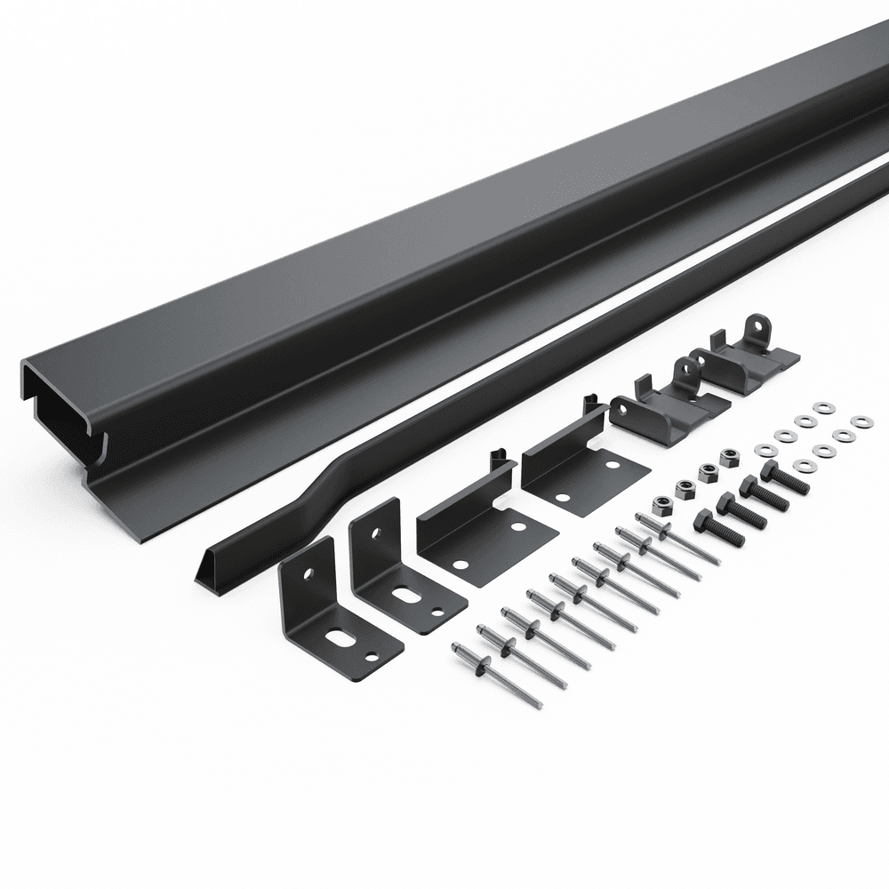 EGR header rail hinge kit parts layout for Mitsubishi Triton MQ/MR 3P 2015, showing header bar, hinge brackets, pop rivets, bolts, washers, and mounting hardware