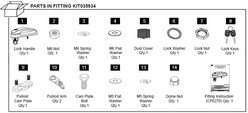 EGR Premium Canopy remote rear door handle kit showing lock handle, washers, springs, lock nut, keys, and mounting hardware for secure rear door operation