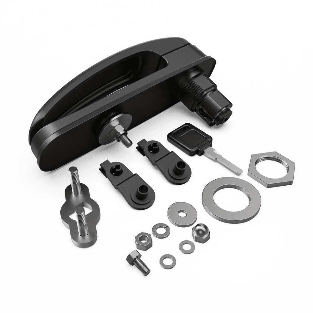 EGR Premium Canopy remote rear door handle kit showing lock handle, washers, springs, lock nut, keys, and mounting hardware for secure rear door operation
