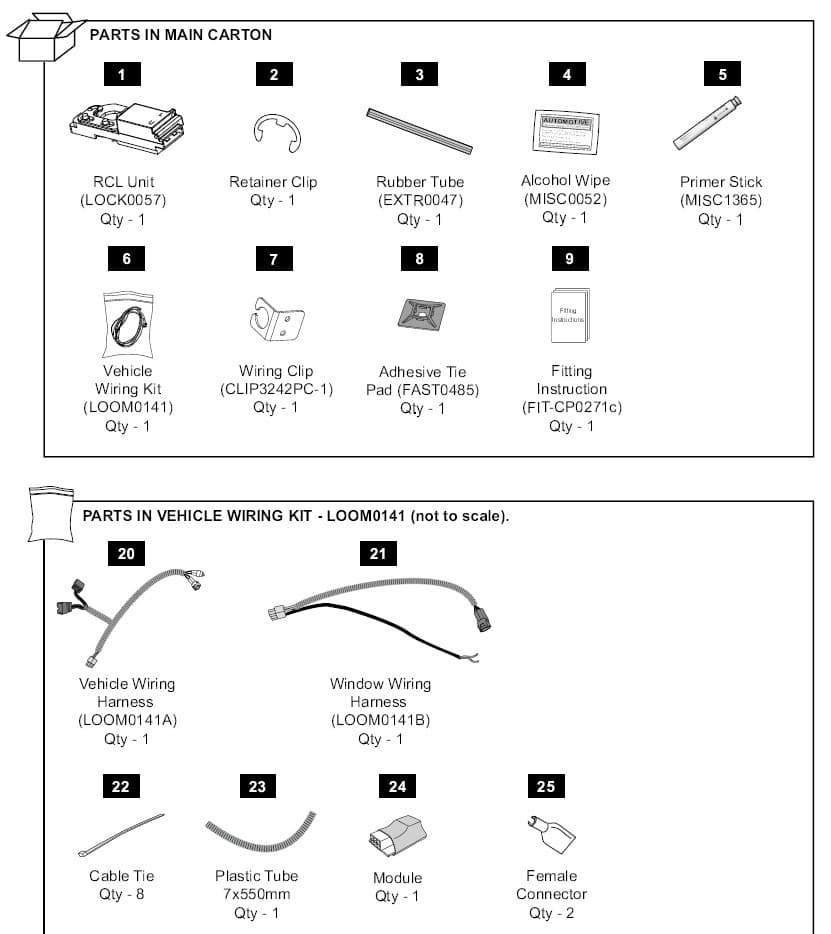 EGR rear door remote central locking kit components for Mazda BT-50 canopy, including wiring harness, control module, connectors, adhesive pads, and installation hardware