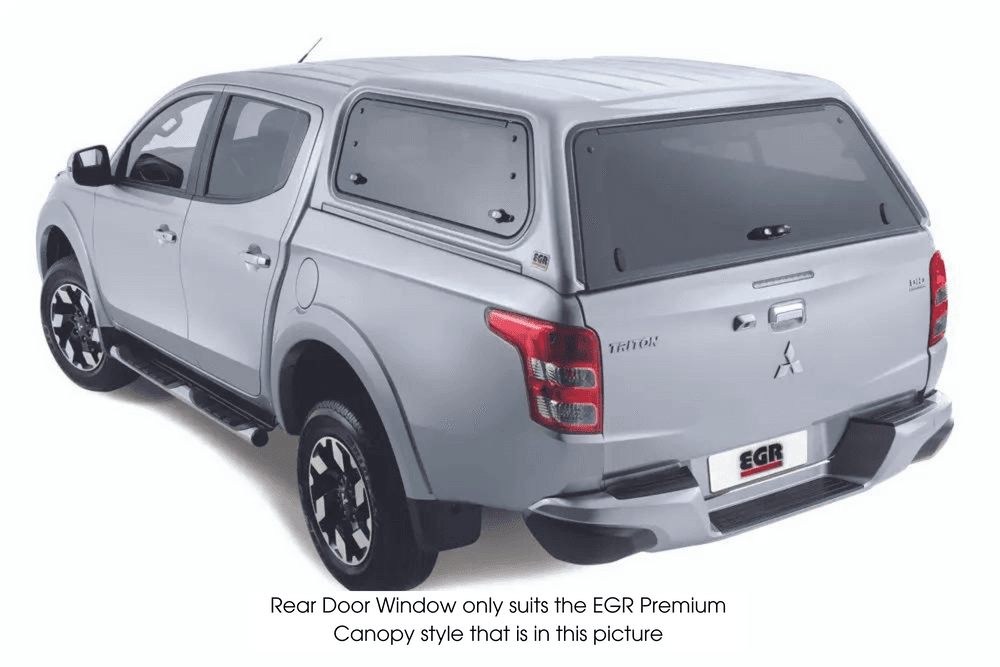 EGR Premium Canopy replacement rear door upgrade kit installed on Mitsubishi Triton, showing centre-handle rear door with tinted window and smooth factory finish