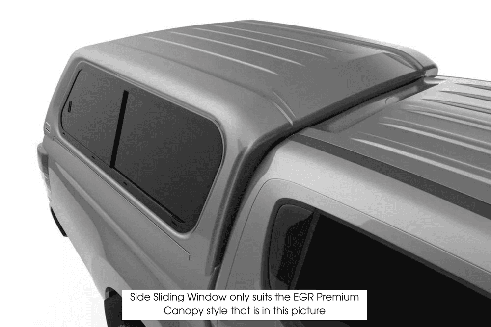 Passenger side sliding window for EGR Premium Canopy, featuring flush fit design and dark tinted glass