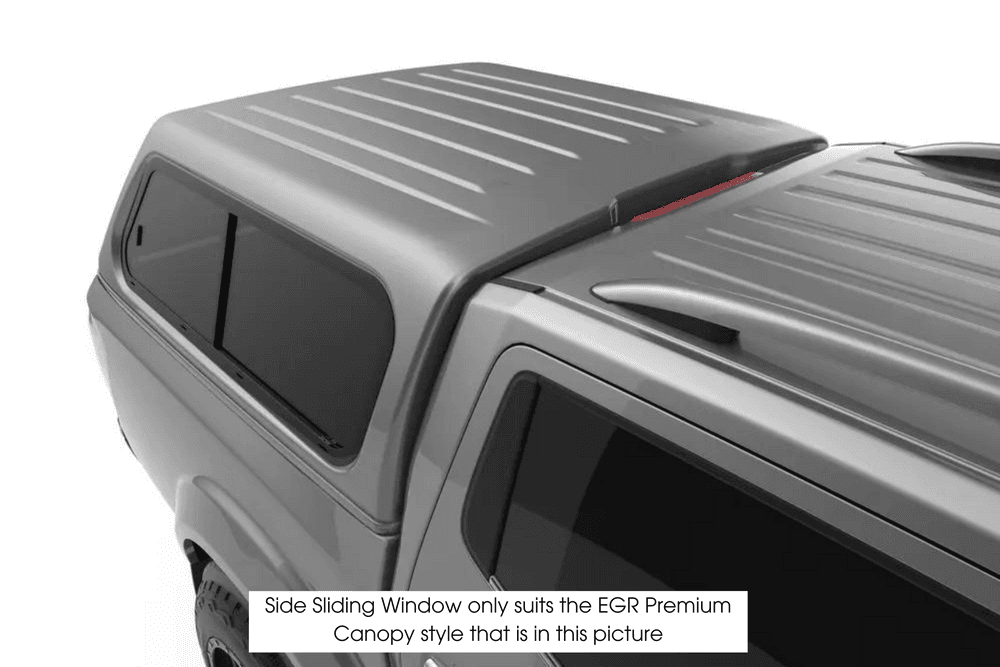EGR canopy passenger side sliding window with durable frame and secure sliding panel for improved ventilation