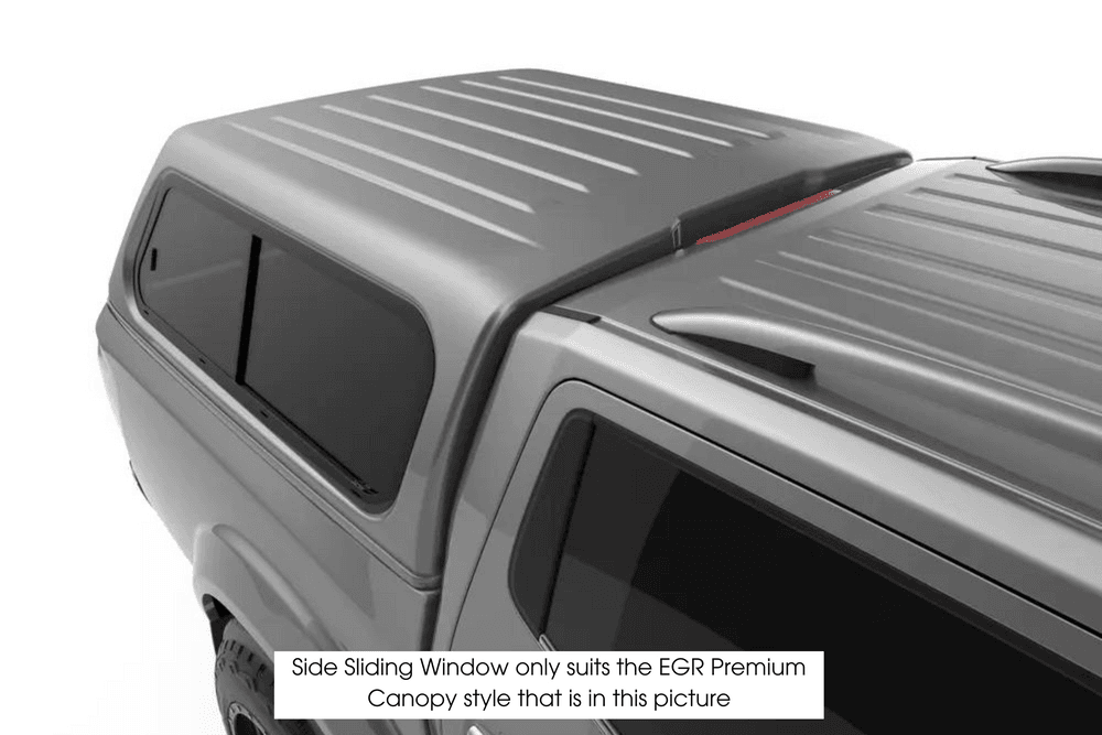 EGR canopy passenger side sliding window with durable frame and secure sliding panel for improved ventilation