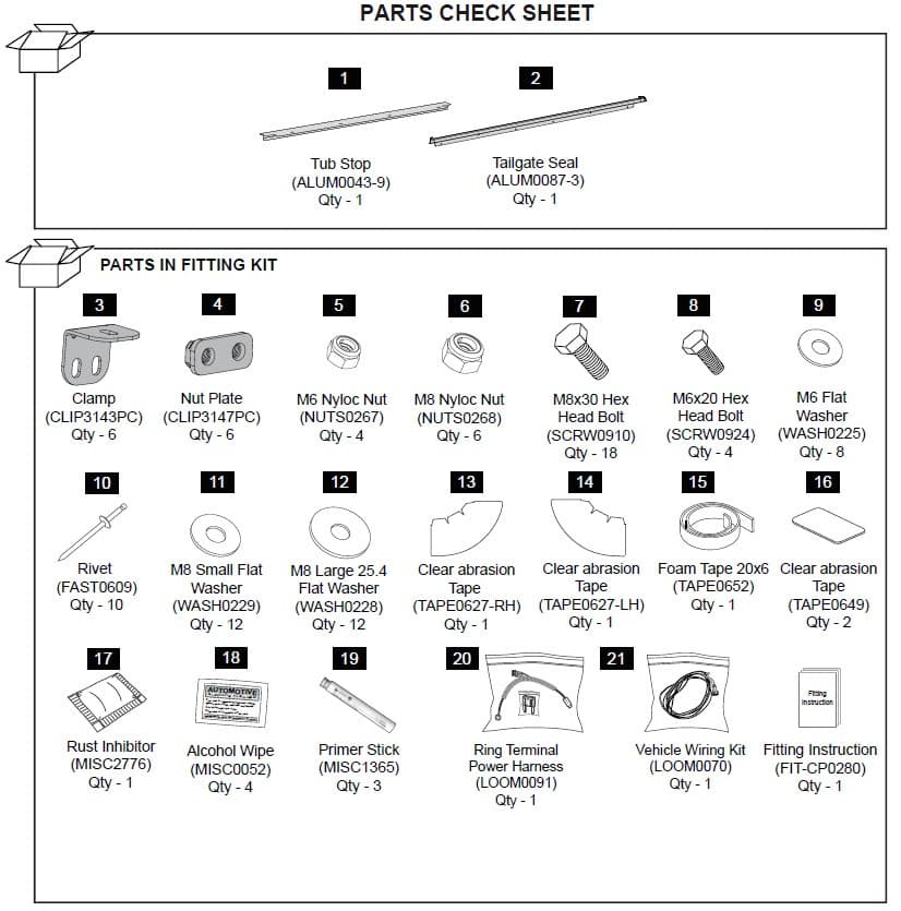 Toyota Hilux 2015 EGR Premium Canopy hardware fitting kit parts layout showing clamps, brackets, bolts, washers, seals, and wiring components